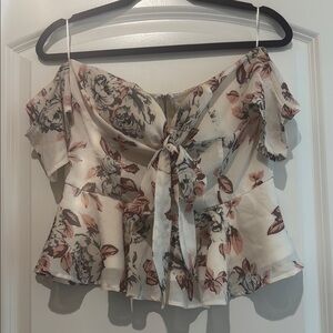 Cream and Brown Flutter Sleeve Tie Front Blouse